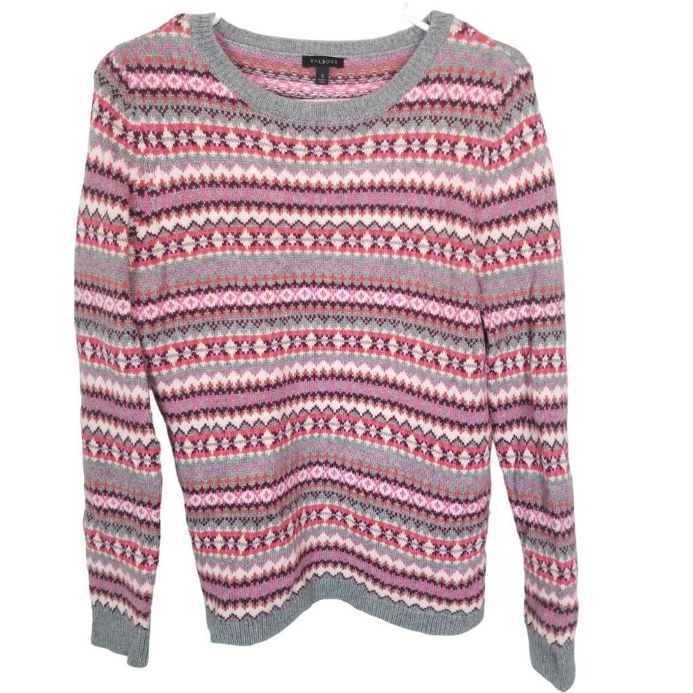 Talbots Womens S Pink Fair Isle Lambswool Blend Cr